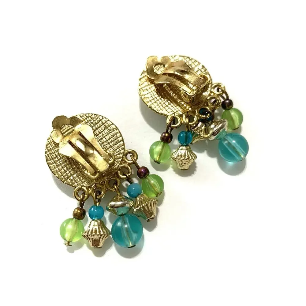 Vtg Blue Cabochon Bead Dangle Clip On Earrings Gold Tone Bold 80's Retro Chic